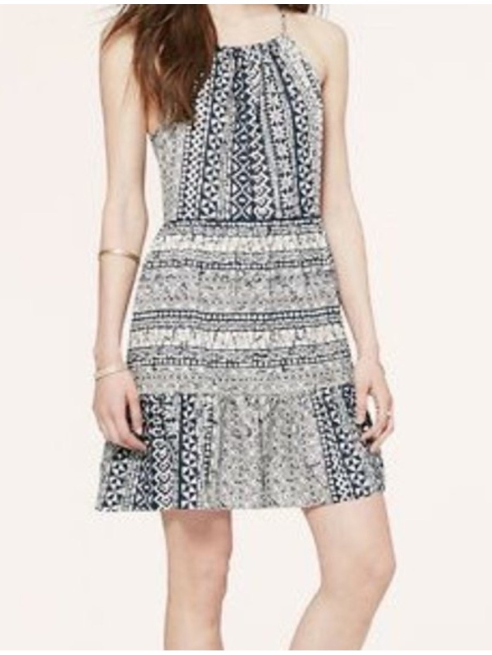 LOFT Navy White Tribal Geometric Print Tiered Halter Summer Dress Size XS